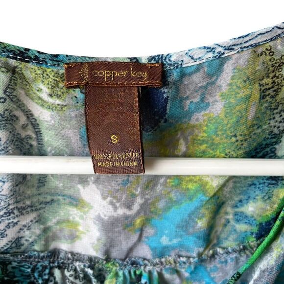 COPPER KEY Blouse Sz S Tropical Floral Greens 3/4 Sleeve Sheer Top Elastic Waist - Picture 3 of 6